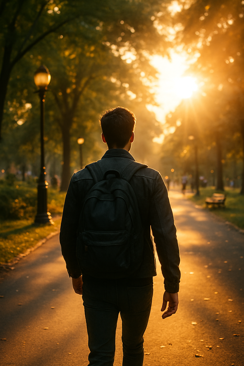 The person continues walking through a gently bustling park, sunlight filtering t...