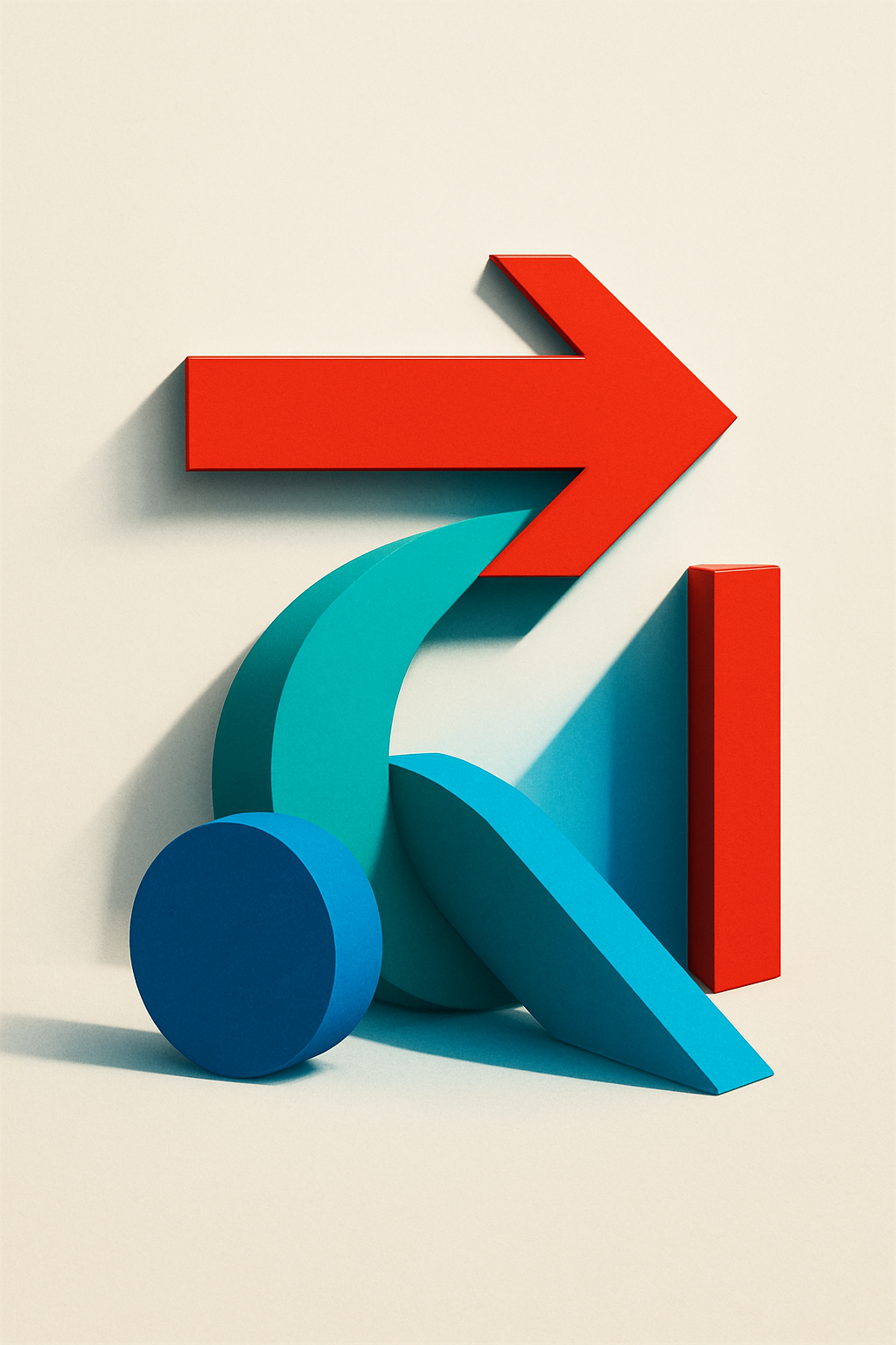 Abstract composition of interconnected geometric shapes in red, teal, and blue, a...