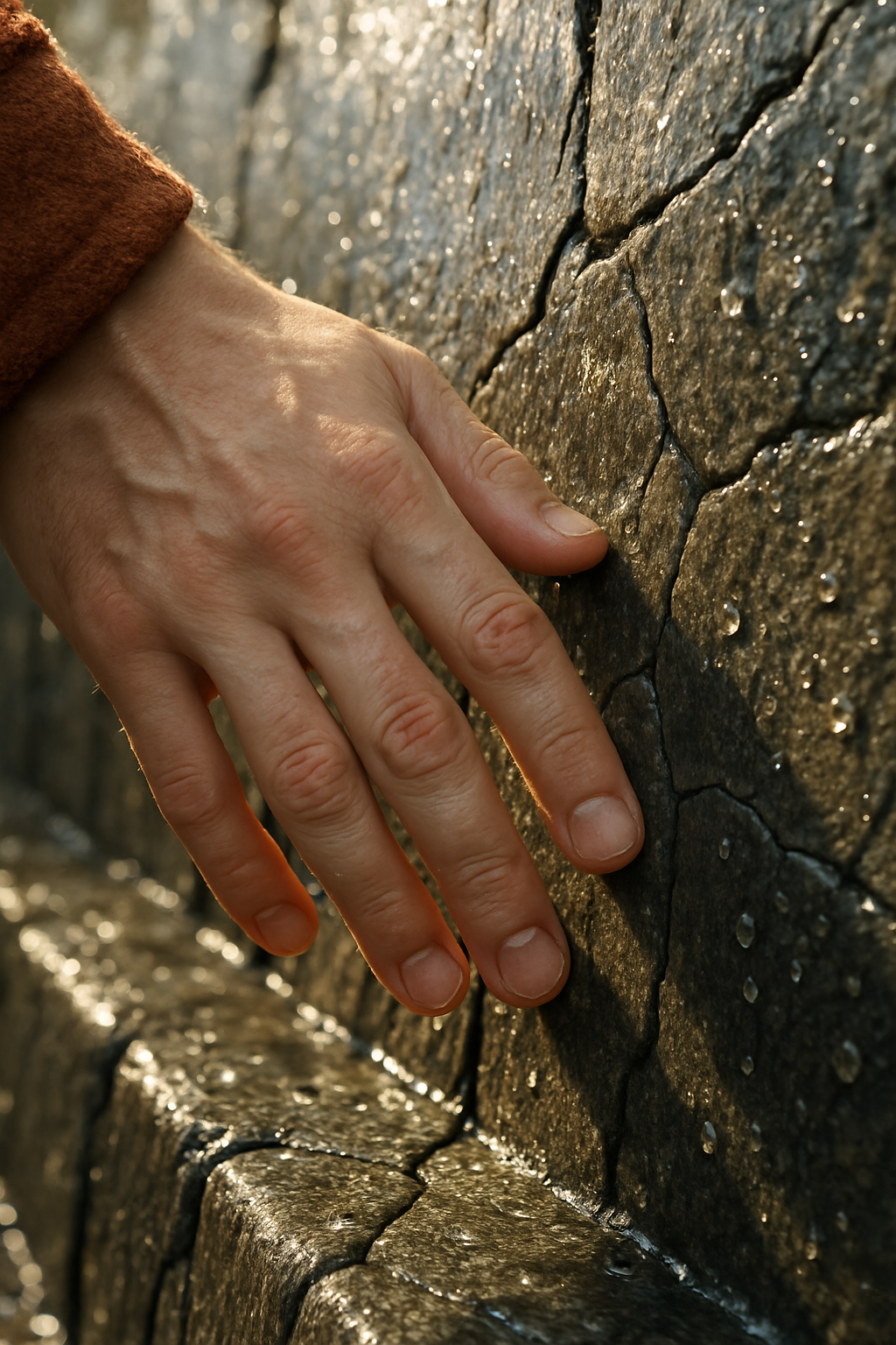 Close-up of the same figure’s hand gently touching a cracked, yet glistening, sto...