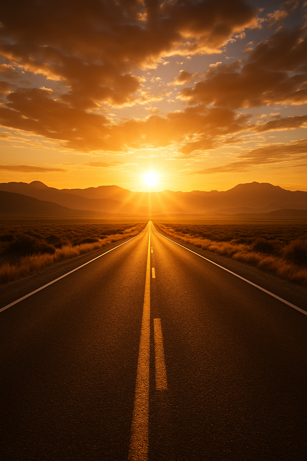 An open sky bursting with golden light over a boundless vista, distant mountains ...