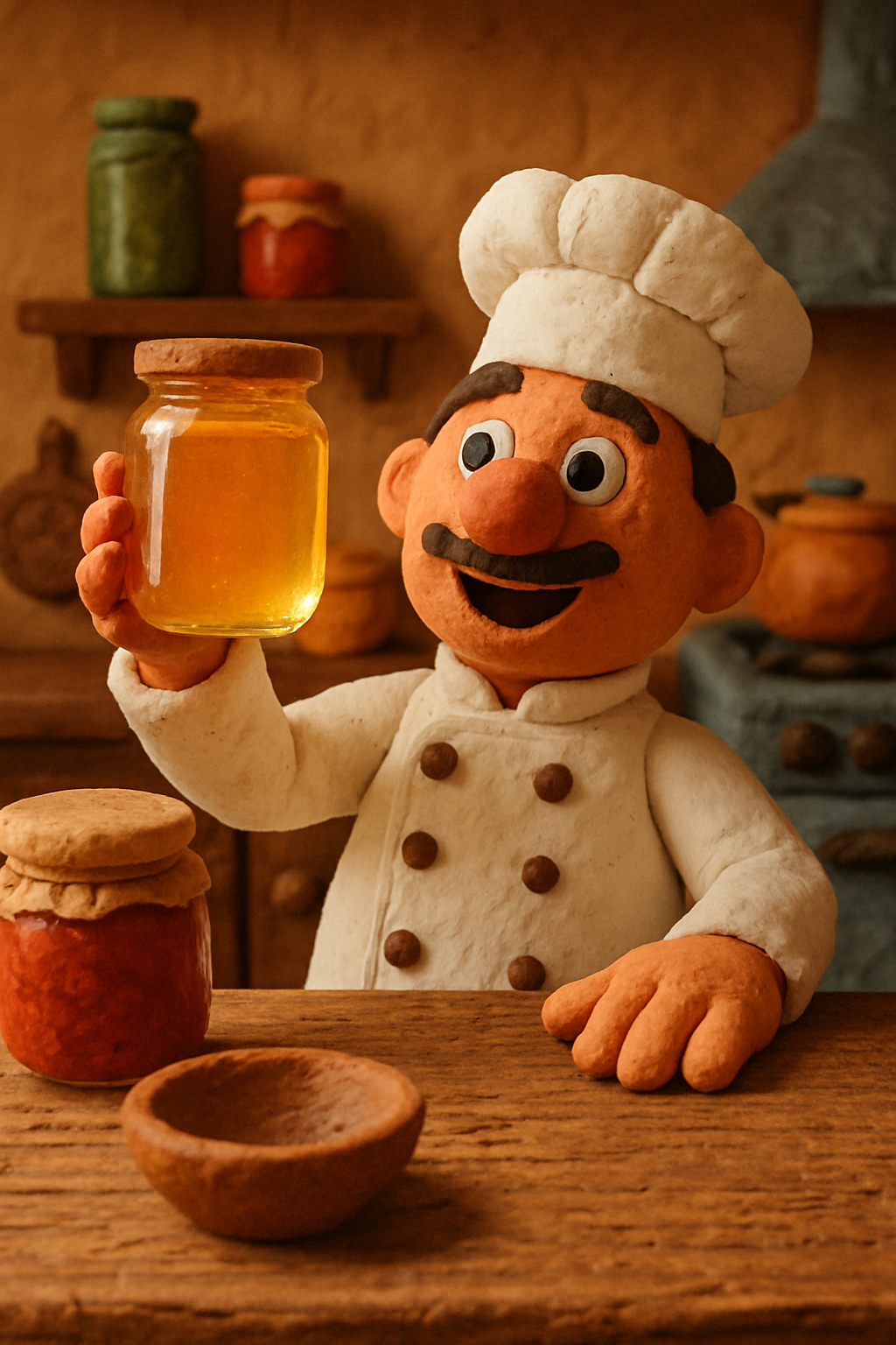 A cozy clay kitchen scene with a cheerful puppet chef holding up a shiny honey ja...