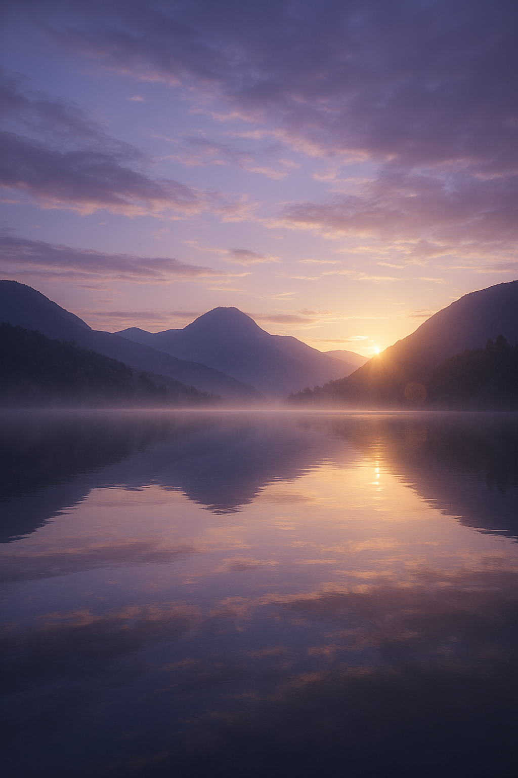 A still lake at sunrise, smooth water reflecting soft clouds and golden-blue sky,...