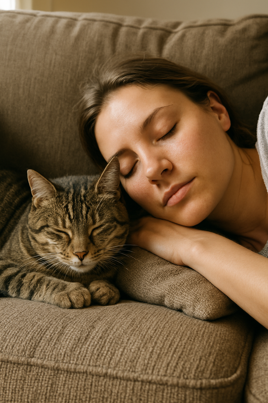 Shot of the cat and person peacefully napping together on a plush couch, every th...