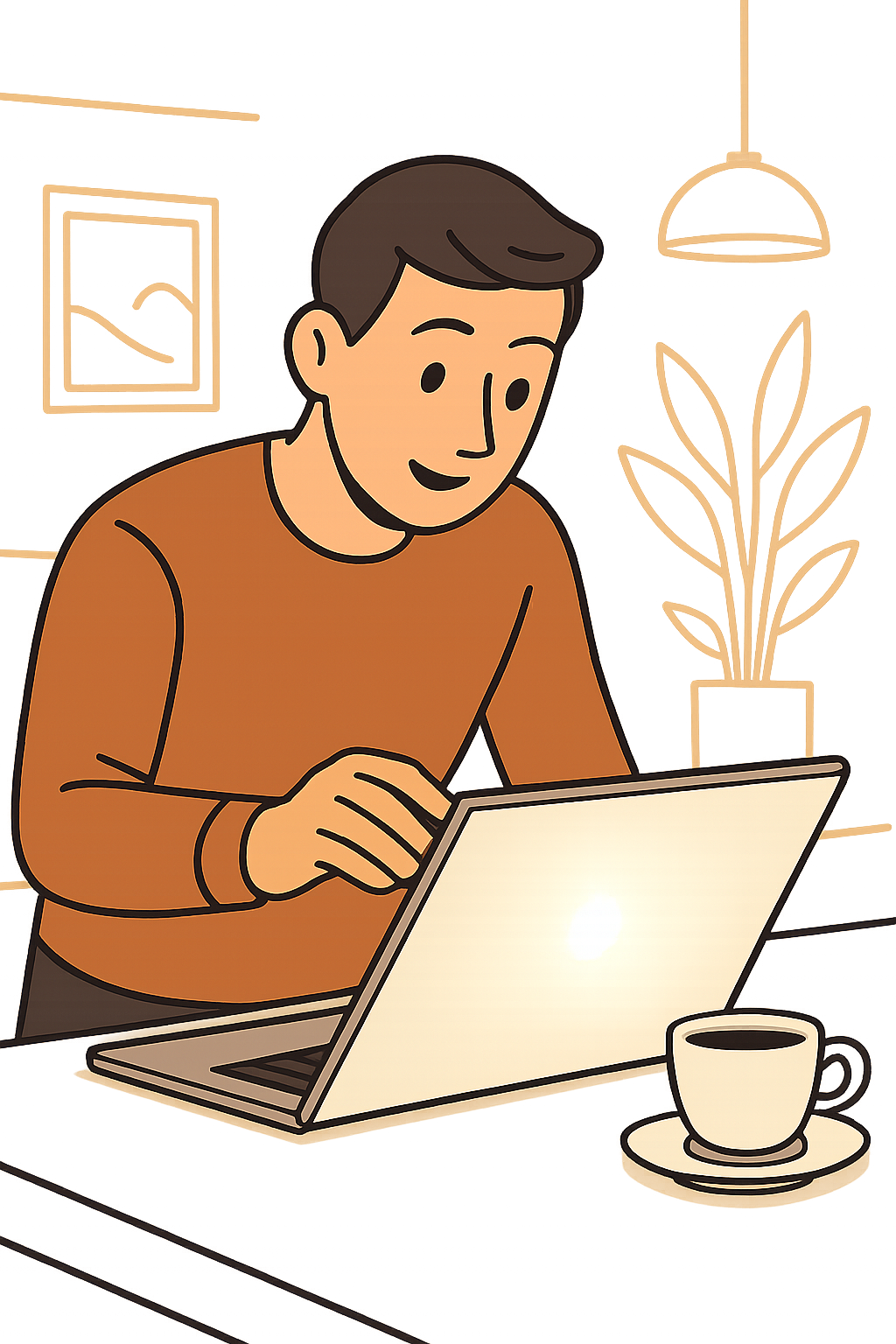 Persoana se apropie de laptop, îl deschide cu interes, ecran luminos, linii simpl...