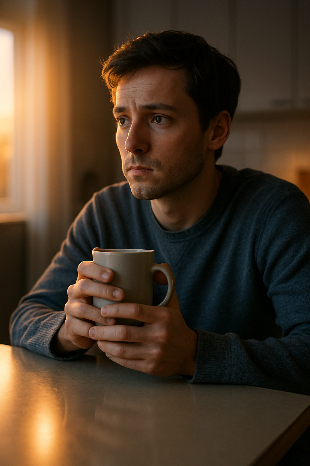 A close-up, hyper-realistic image of a person sitting alone at a kitchen table be...