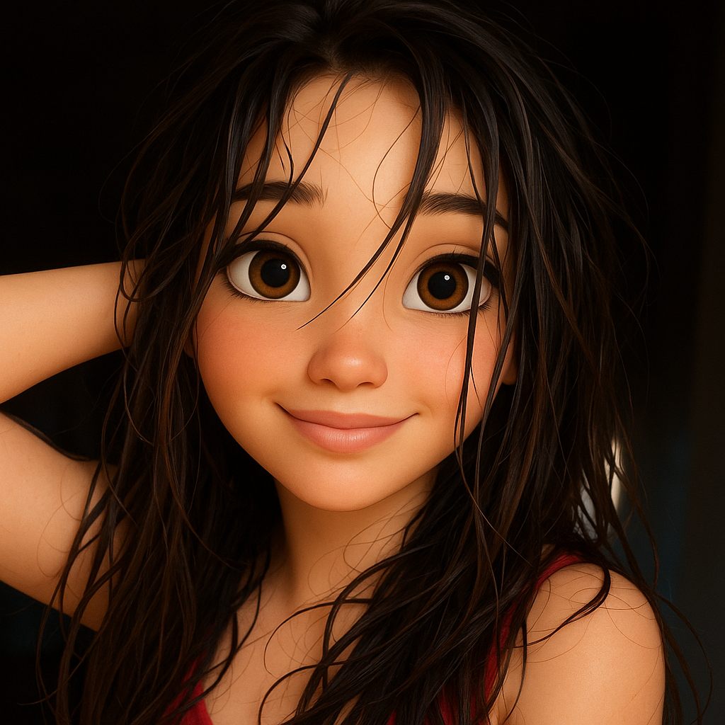 Transform in animation style. Large, expressive eyes. Soft, symmetrical facial features. Warm col...