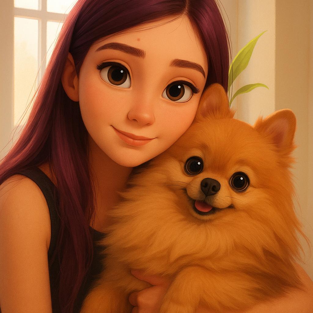 Transform in animation style. Large, expressive eyes. Soft, symmetrical facial features. Warm col...