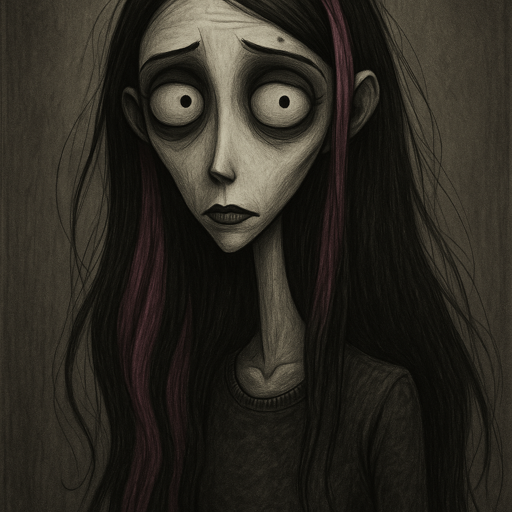 Transform in animation style. Elongated limbs and narrow faces. Gothic, surreal aesthetic. Desatu...