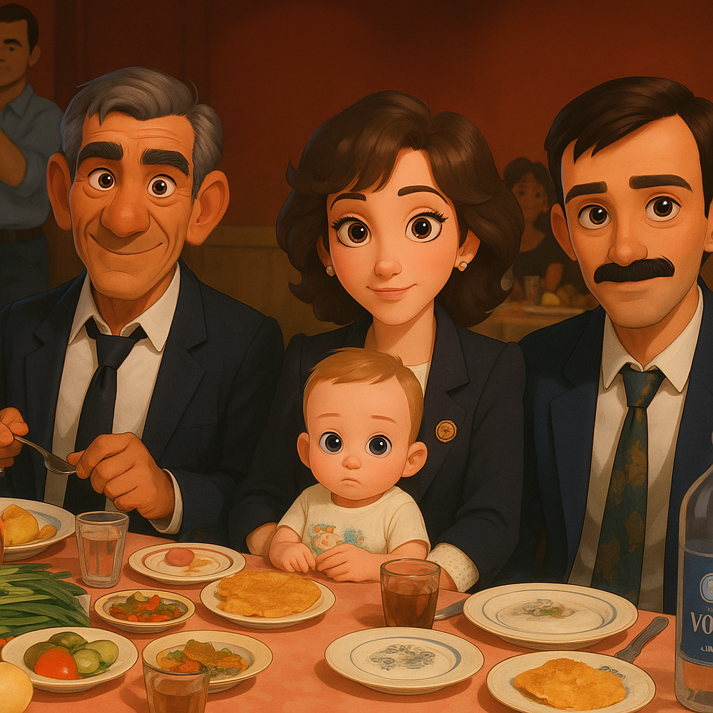 Transform in animation style. Large, expressive eyes. Soft, symmetrical facial features. Warm col...
