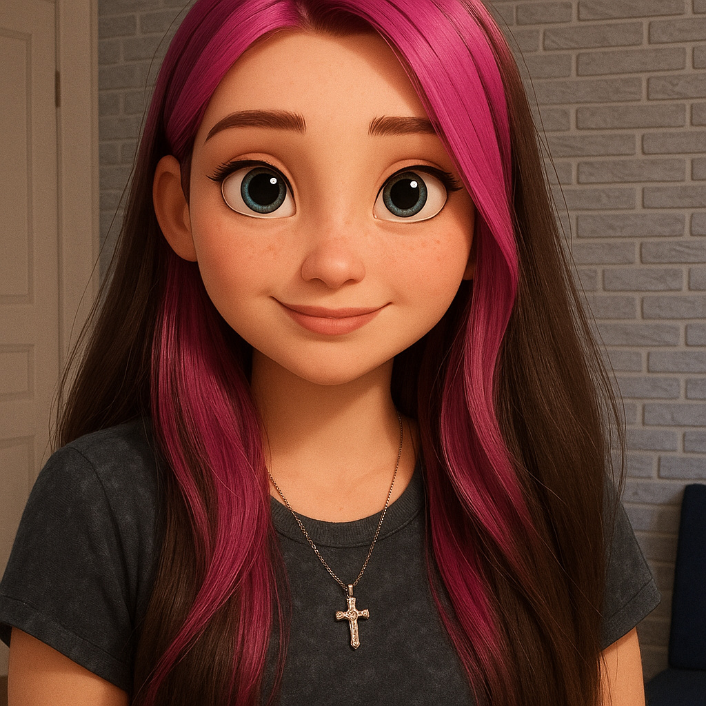 Transform in animation style. Large, expressive eyes. Soft, symmetrical facial features. Warm col...