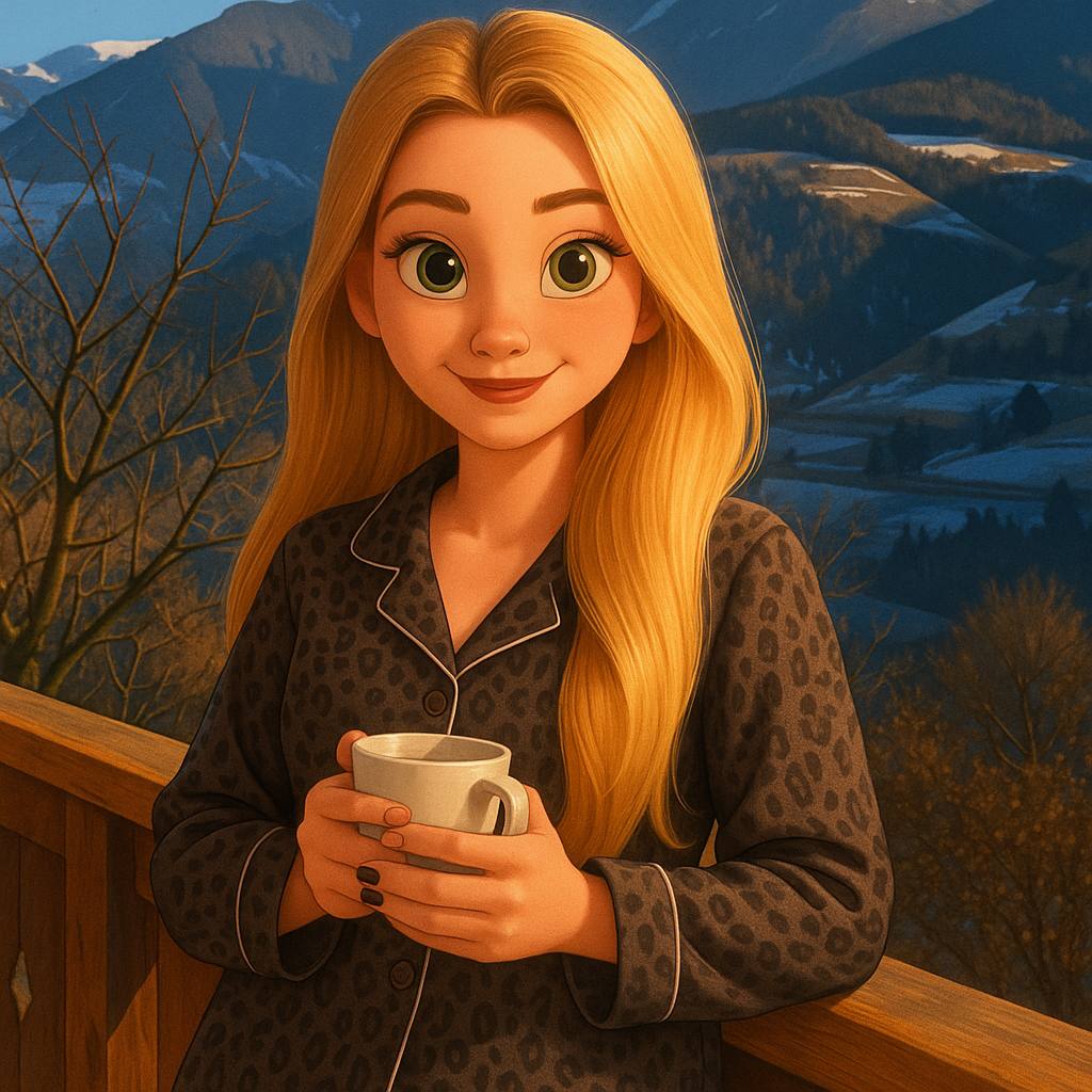 Transform in animation style. Large, expressive eyes. Soft, symmetrical facial features. Warm col...