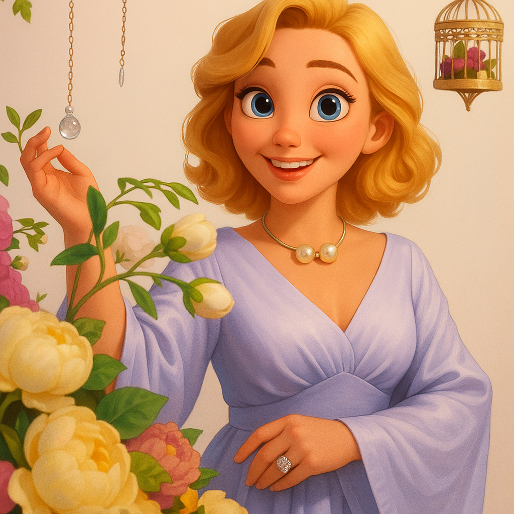 Transform in animation style. Large, expressive eyes. Soft, symmetrical facial features. Warm col...