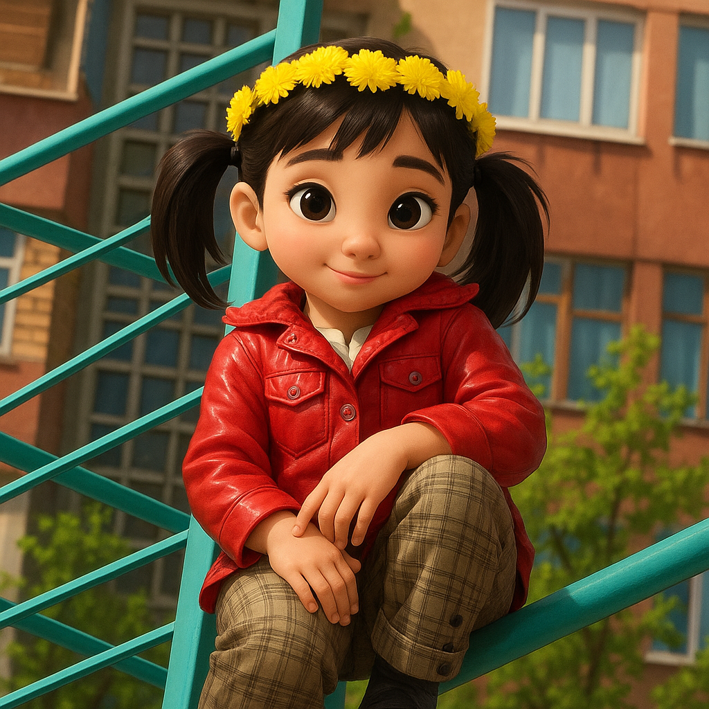 Transform in animation style. Large, expressive eyes. Soft, symmetrical facial features. Warm col...