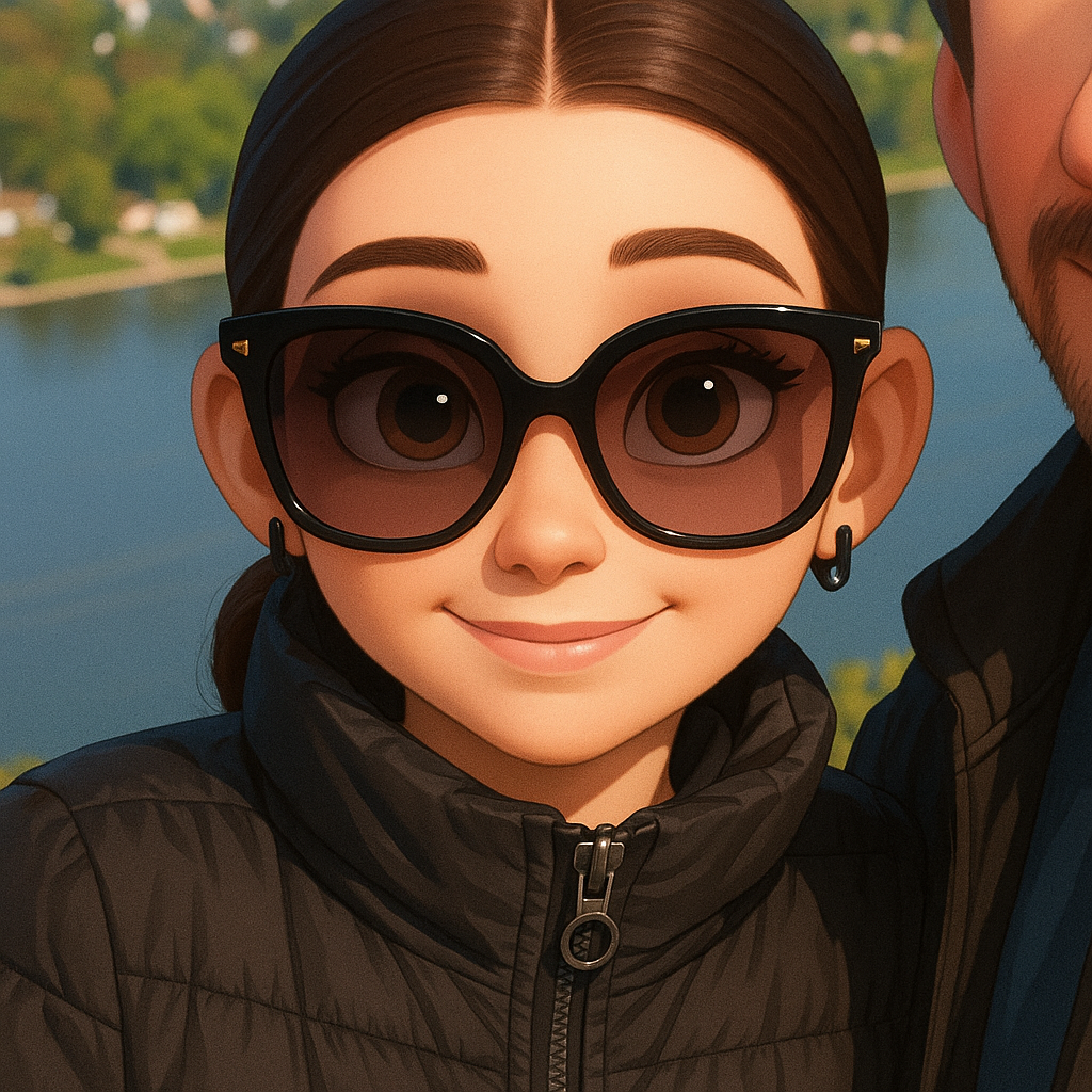 Transform in animation style. Large, expressive eyes. Soft, symmetrical facial features. Warm col...