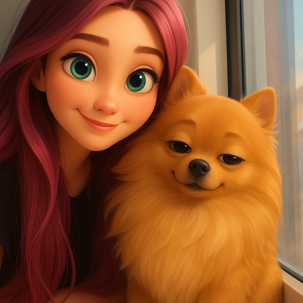 Transform in animation style. Large, expressive eyes. Soft, symmetrical facial features. Warm col...