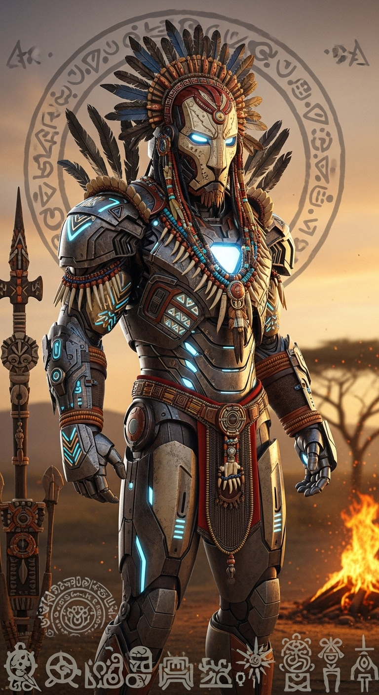hyperrealistic full-body portrait of Iron Man reimagined as a tribal tech-shaman in an African fa...
