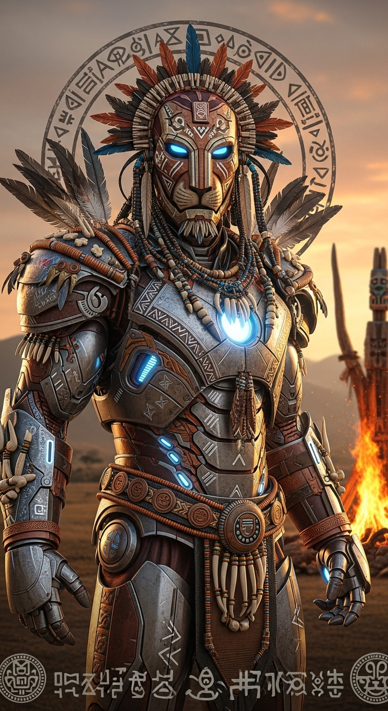 hyperrealistic full-body portrait of Iron Man reimagined as a tribal tech-shaman in an African fa...