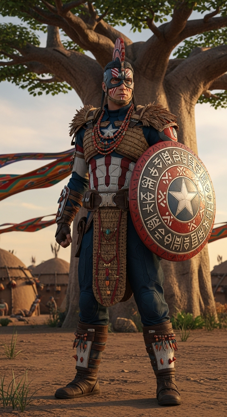 hyperrealistic full-body image of Captain America as an African tribal guardian, carrying a circu...