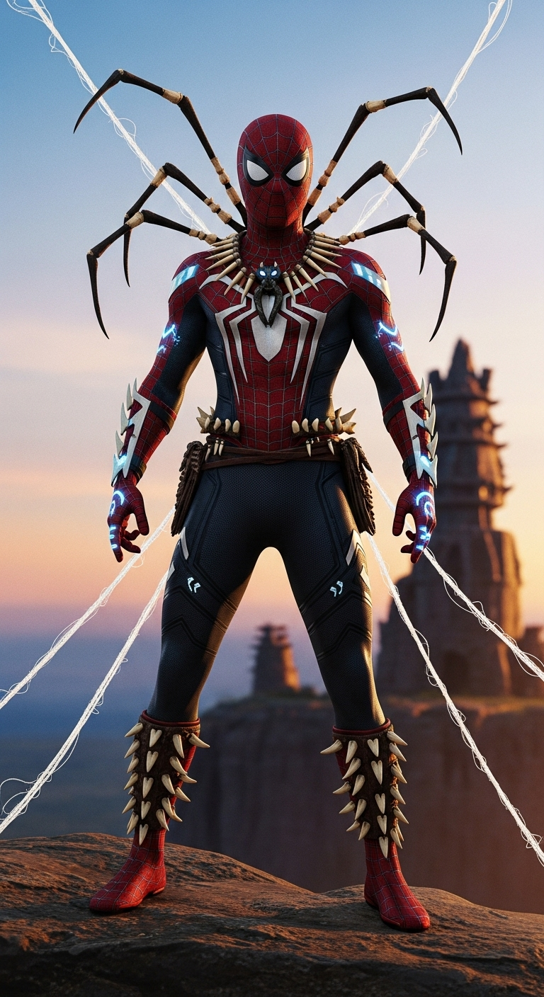 hyperrealistic full-body shot of Spider-Man as a mystical African spirit-weaver, wearing a sleek ...