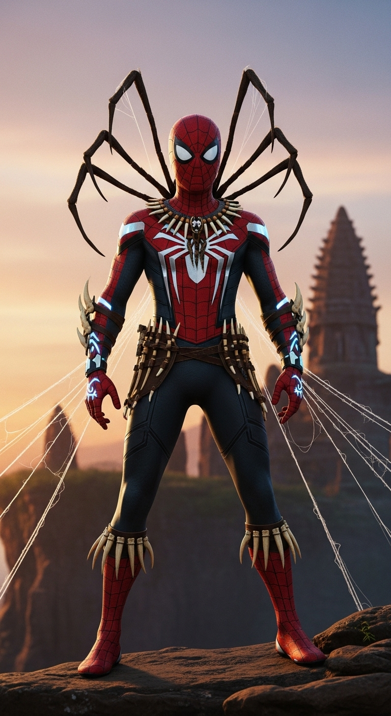 hyperrealistic full-body shot of Spider-Man as a mystical African spirit-weaver, wearing a sleek ...