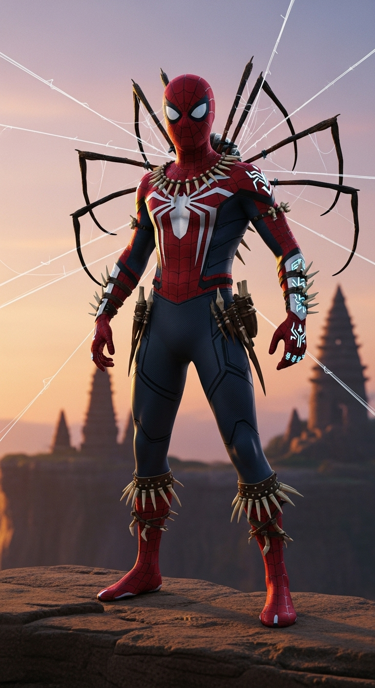 hyperrealistic full-body shot of Spider-Man as a mystical African spirit-weaver, wearing a sleek ...