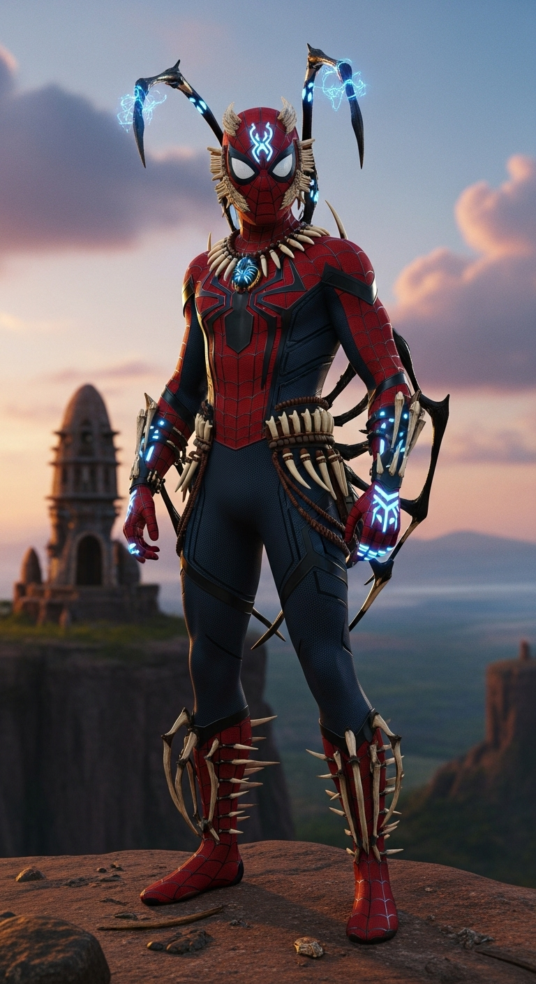 hyperrealistic full-body shot of Spider-Man as a mystical African spirit-weaver, wearing a sleek ...