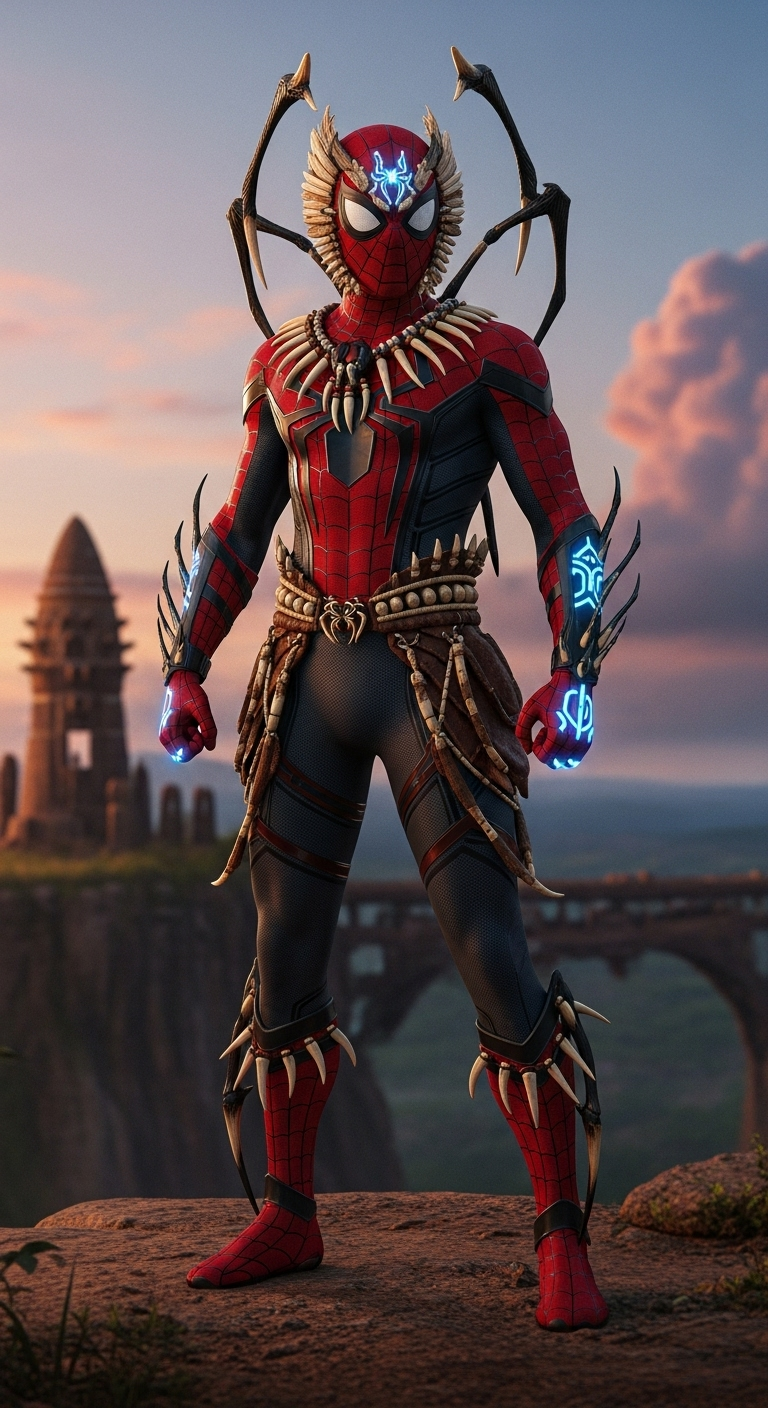 hyperrealistic full-body shot of Spider-Man as a mystical African spirit-weaver, wearing a sleek ...