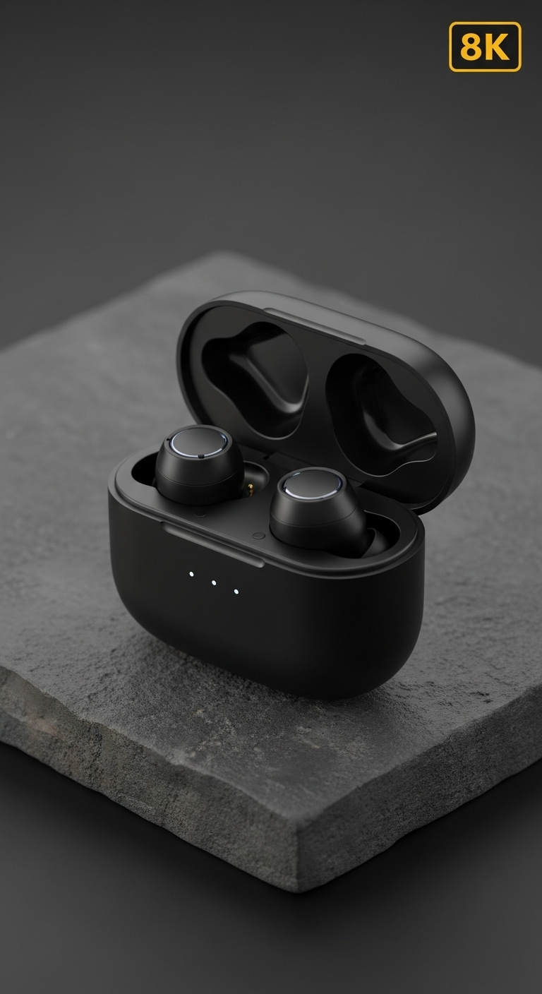 A photorealistic pair of wireless earbuds in an open matte black charging case, placed on a textu...