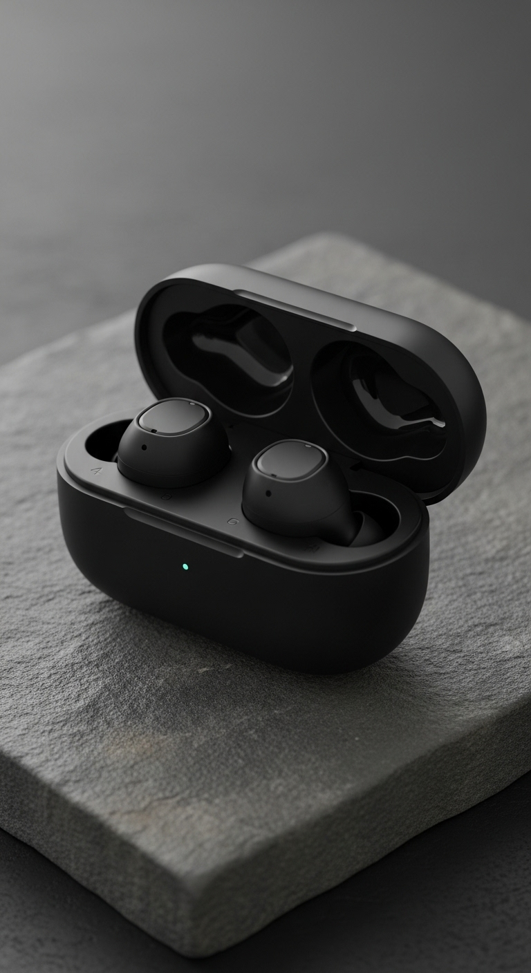A photorealistic pair of wireless earbuds in an open matte black charging case, placed on a textu...