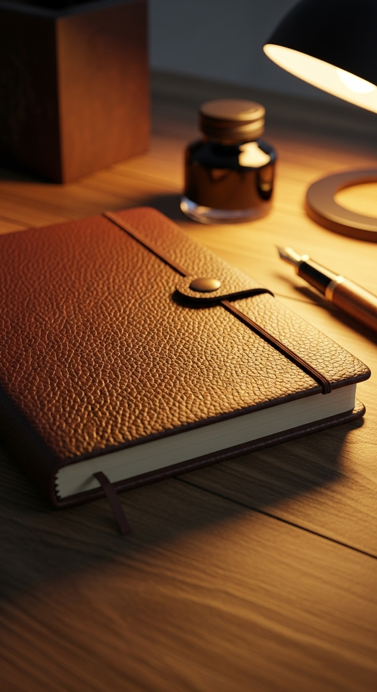 A photorealistic hardcover notebook with textured brown leather cover, lying flat on a rustic woo...