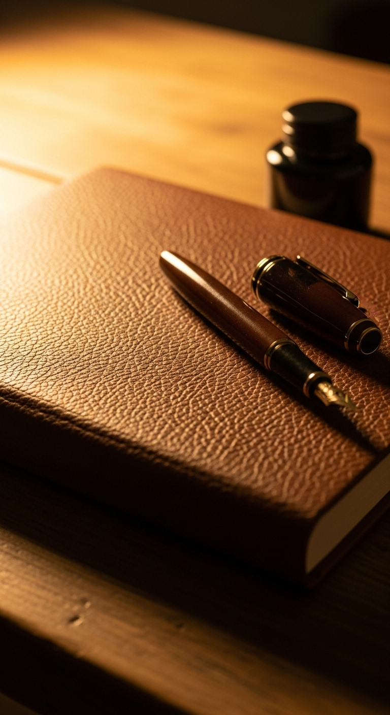 A photorealistic hardcover notebook with textured brown leather cover, lying flat on a rustic woo...