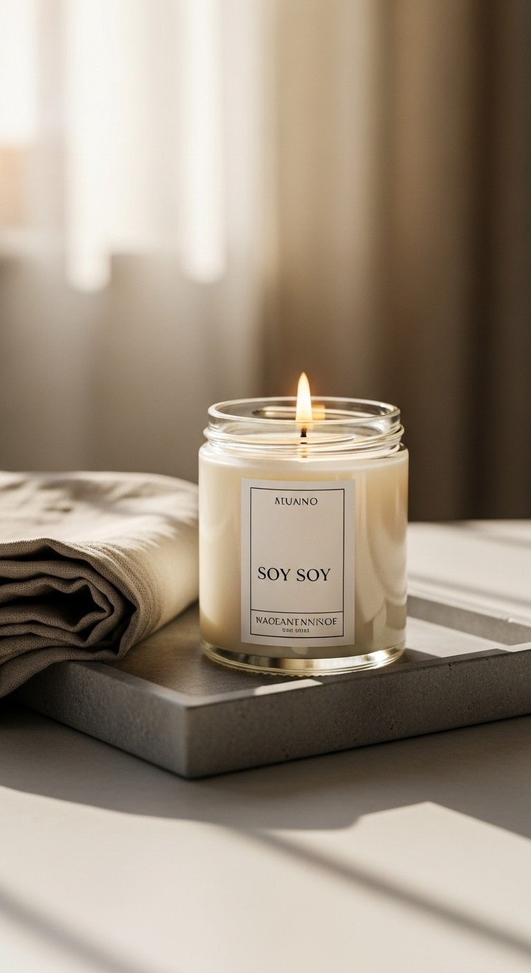A photorealistic glass jar soy candle with minimal label, placed on a stone tray near a linen clo...
