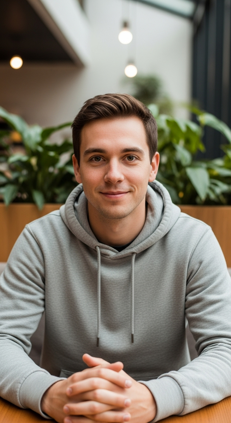 A photorealistic friendly young man with short brown hair, expressive face and casual clothes (si...