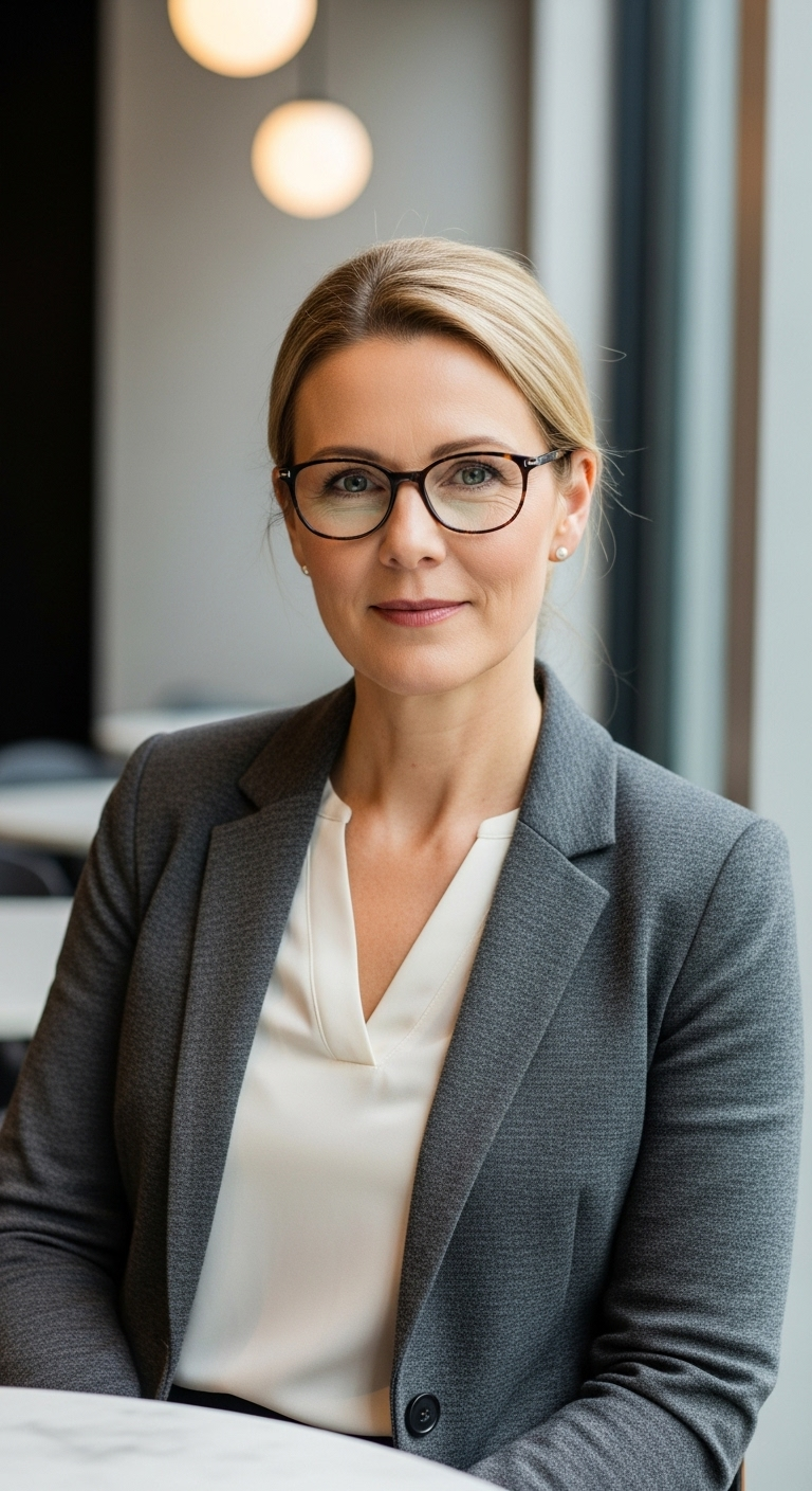 A photorealistic professional middle-aged woman with glasses and tied-back hair, wearing a smart-...