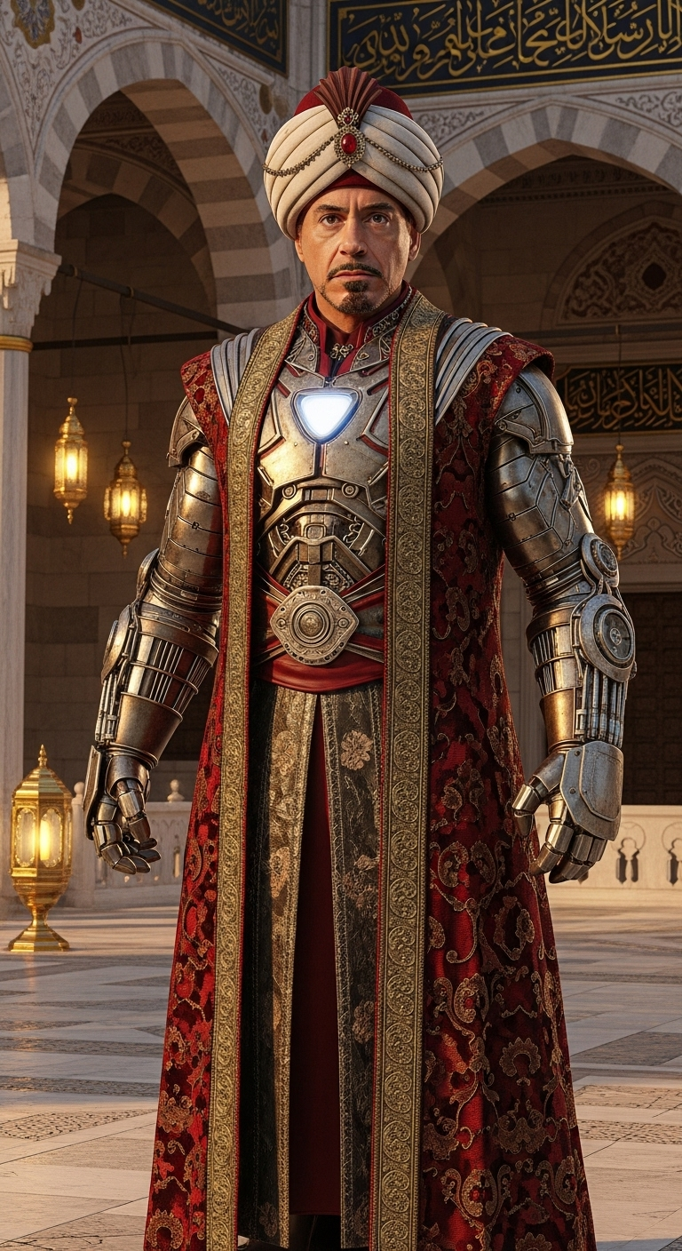 hyperrealistic full-body shot of Iron Man as an Ottoman sultan inventor, wearing intricately deta...