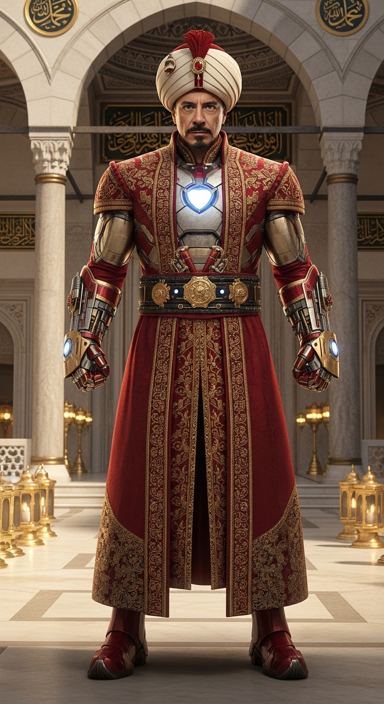 hyperrealistic full-body shot of Iron Man as an Ottoman sultan inventor, wearing intricately deta...