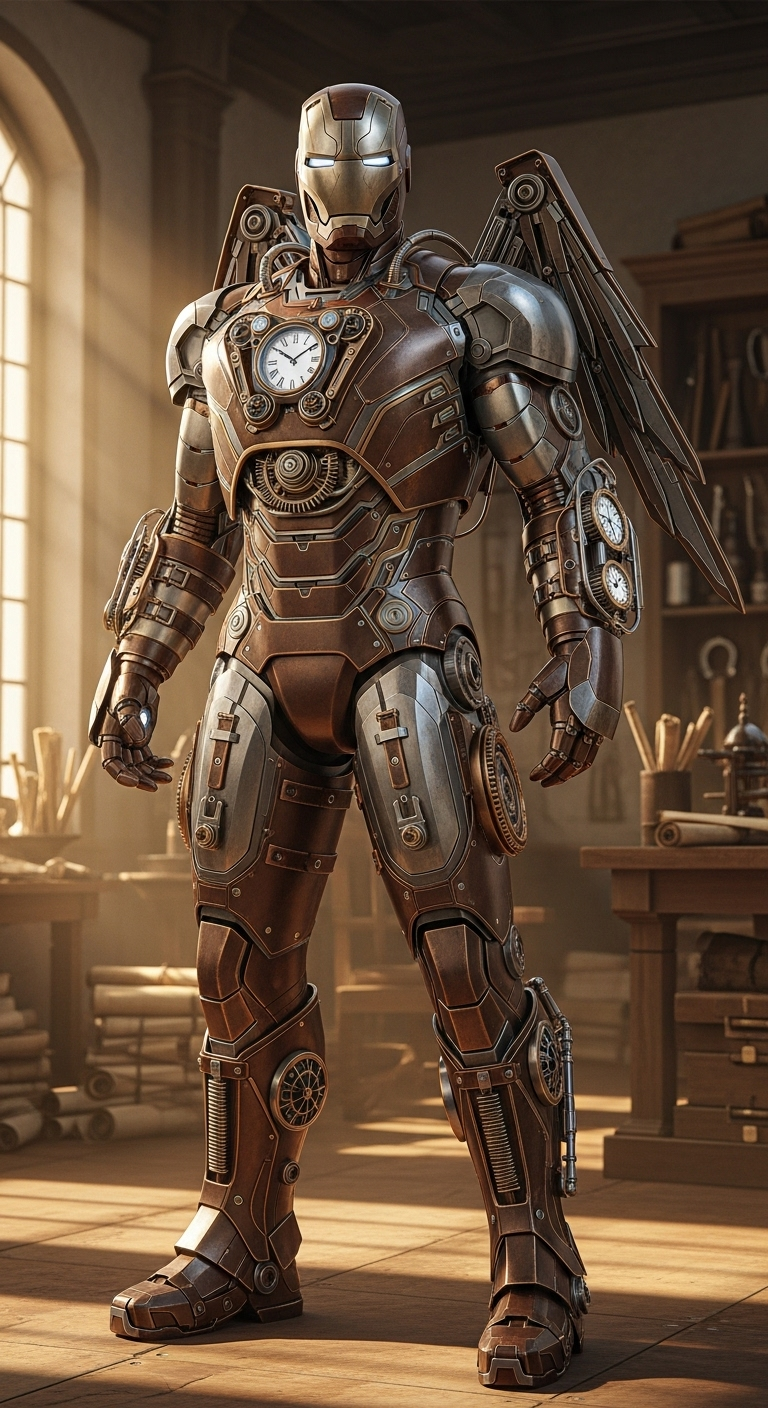 hyperrealistic full-body shot of Iron Man reimagined in clockpunk style, wearing an intricate bro...
