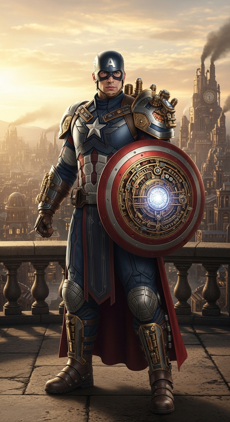 hyperrealistic full-body shot of Captain America as a noble clockpunk officer, wearing polished s...