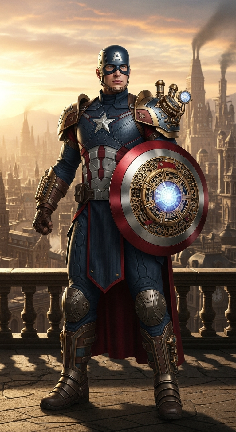 hyperrealistic full-body shot of Captain America as a noble clockpunk officer, wearing polished s...