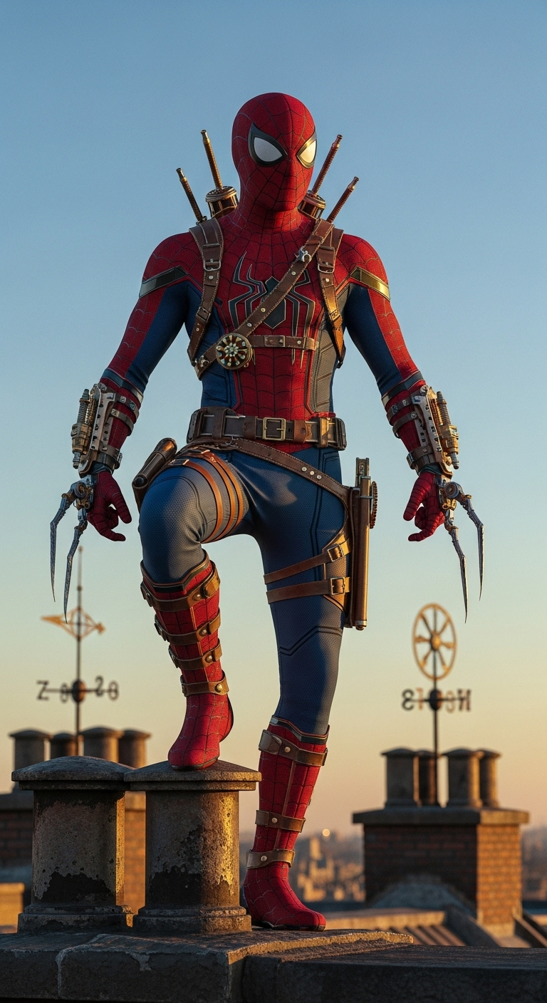 hyperrealistic full-body shot of Spider-Man reimagined as a nimble clockpunk rogue, wearing a red...
