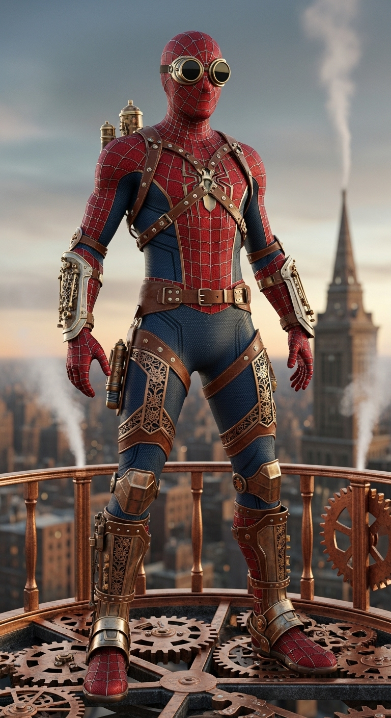hyperrealistic full-body shot of Spider-Man reimagined as a clockpunk acrobat, wearing a red and ...