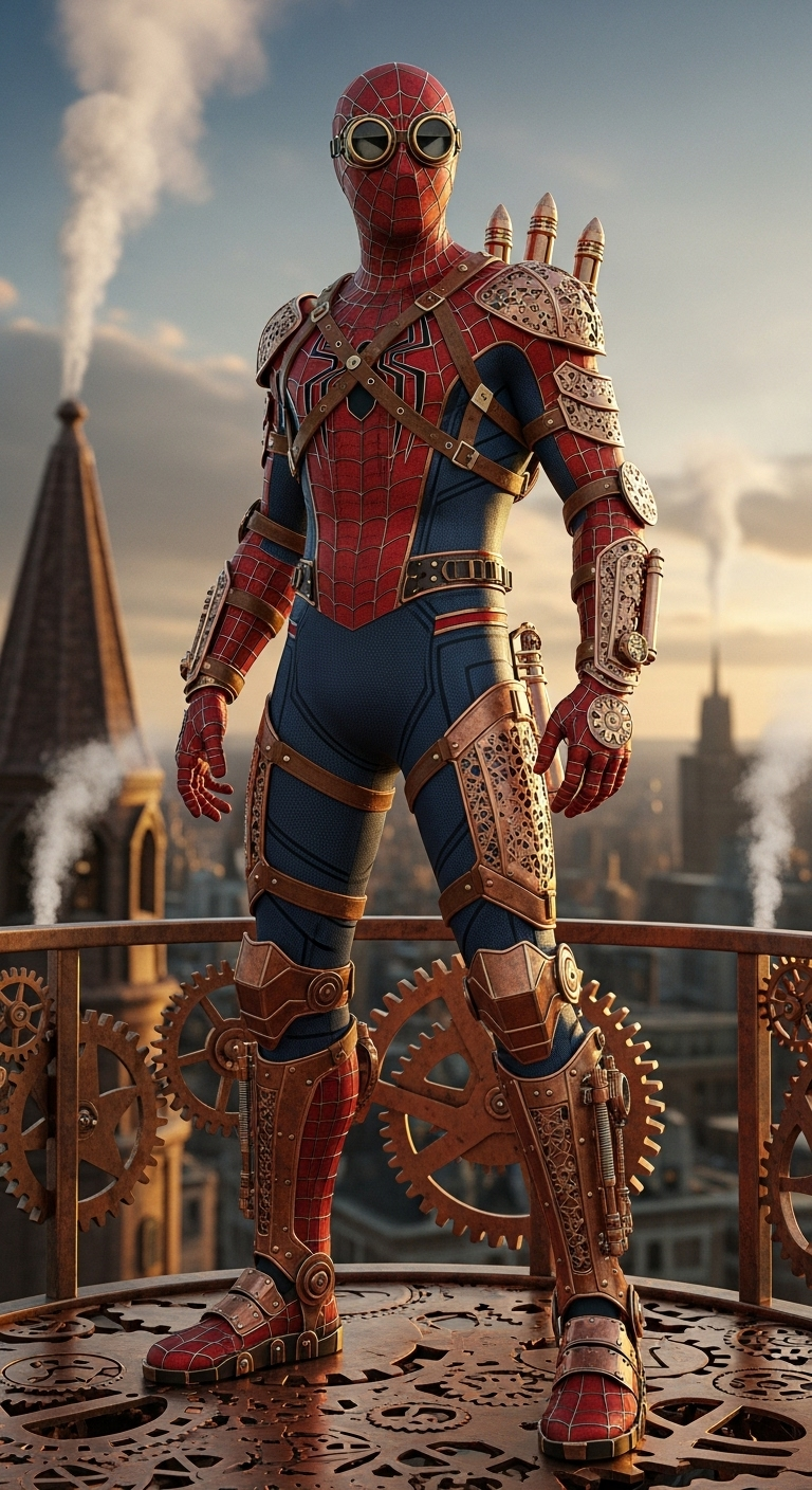 hyperrealistic full-body shot of Spider-Man reimagined as a clockpunk acrobat, wearing a red and ...