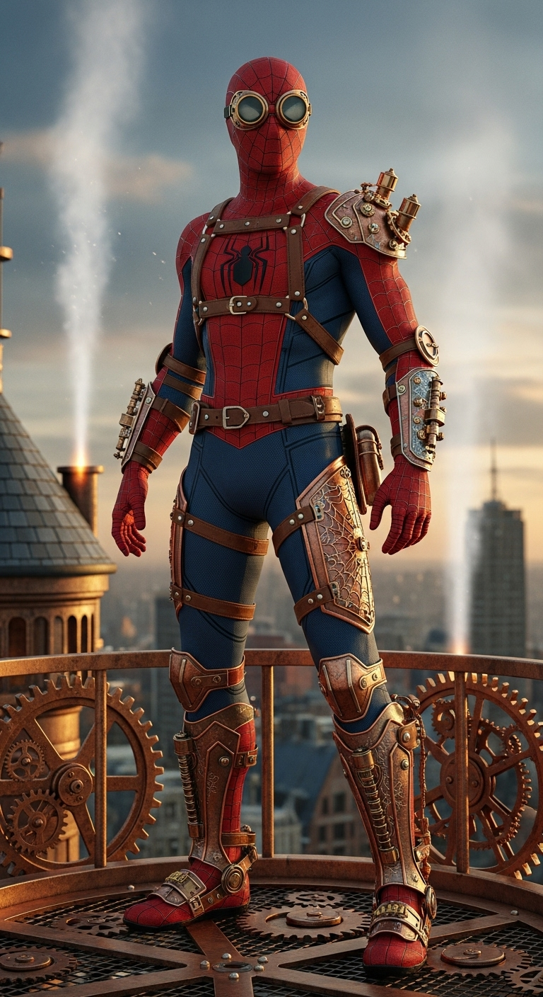 hyperrealistic full-body shot of Spider-Man reimagined as a clockpunk acrobat, wearing a red and ...
