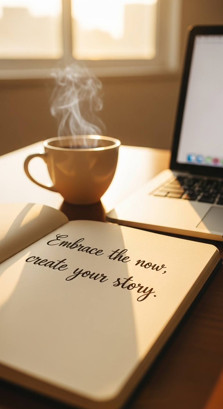 Close-up of a motivational quote handwritten on a notebook, next to a cup of coffee and an open l...