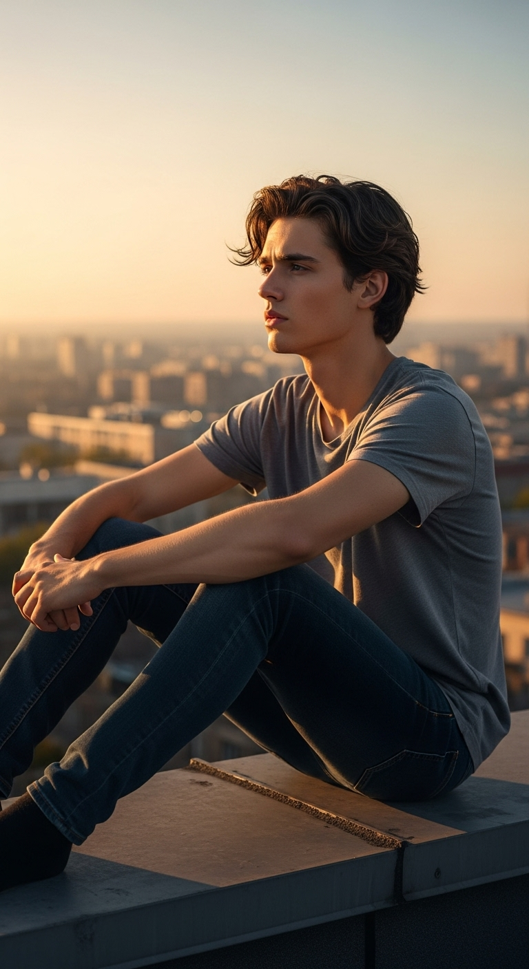 A photorealistic young man sitting alone on a rooftop at sunrise, looking at the horizon with tho...