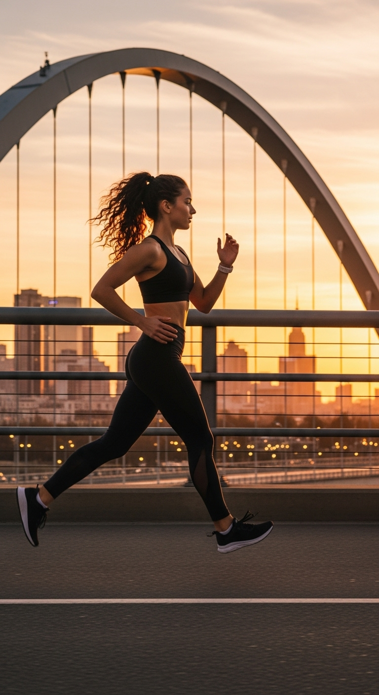A young woman jogging across a bridge with sunrise behind her, city skyline glowing, motion blur ...