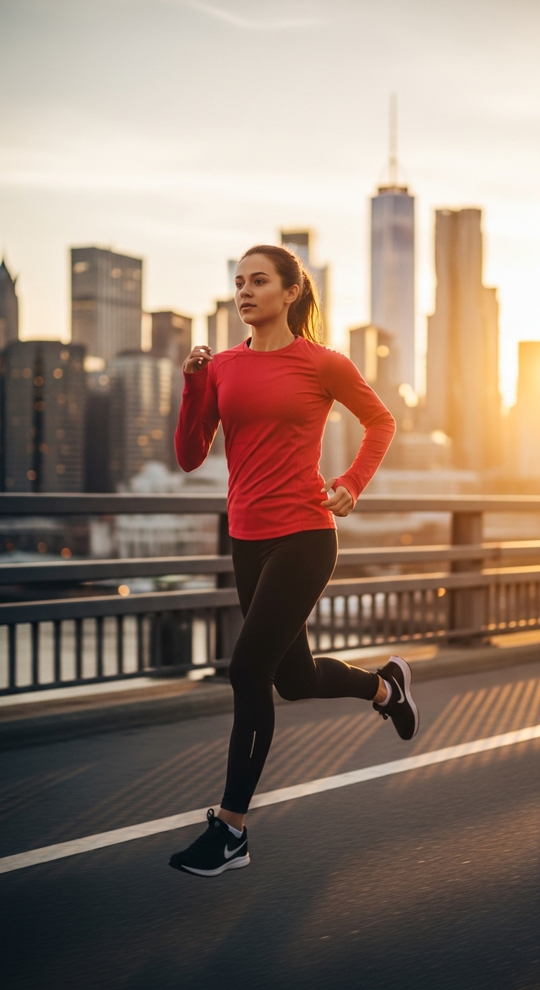 A young woman jogging across a bridge with sunrise behind her, city skyline glowing, motion blur ...