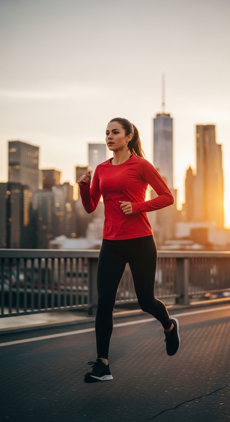 A young woman jogging across a bridge with sunrise behind her, city skyline glowing, motion blur ...