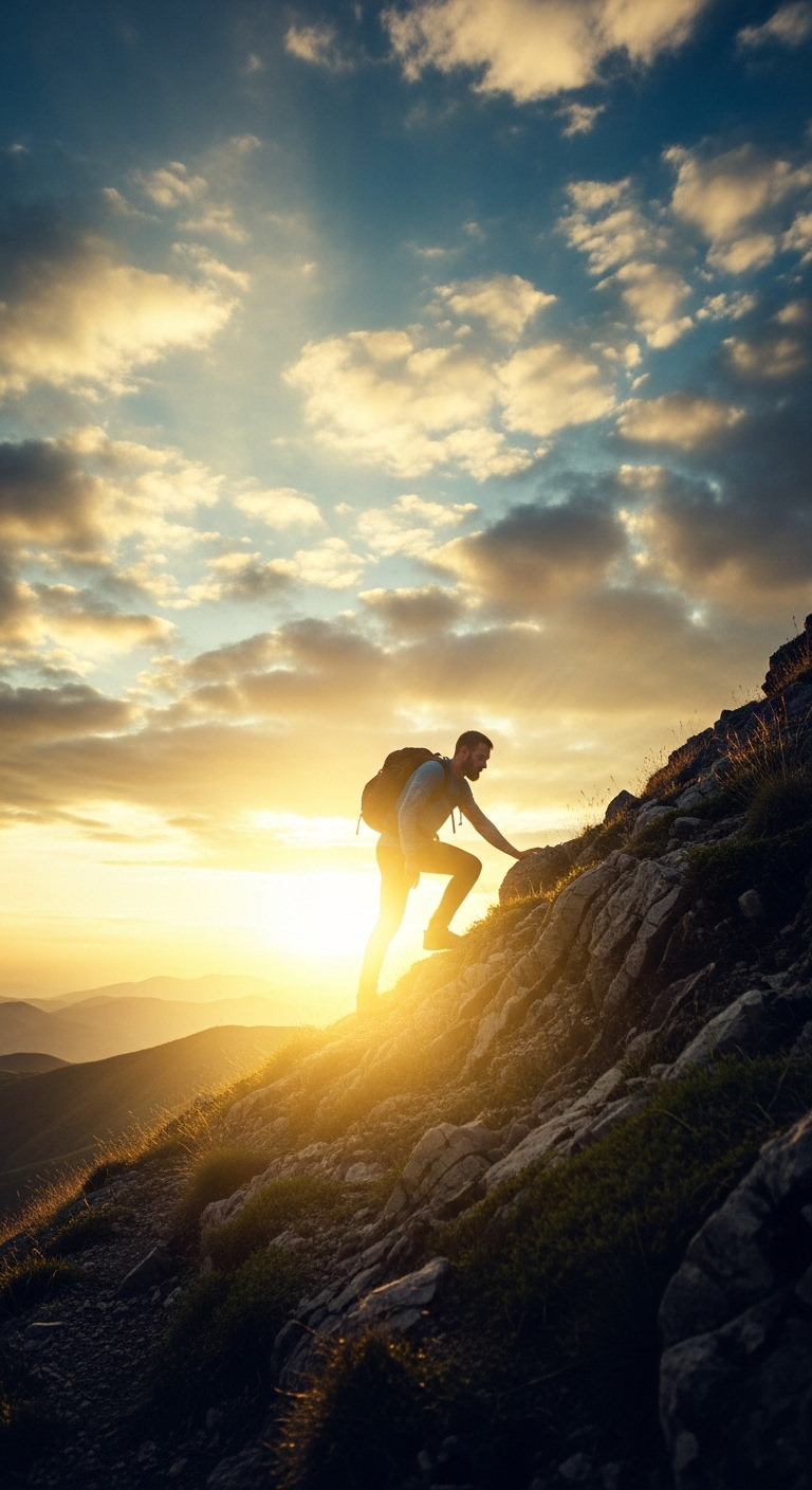 A man climbing a rocky hill alone, almost at the top, with the sun behind him breaking through cl...