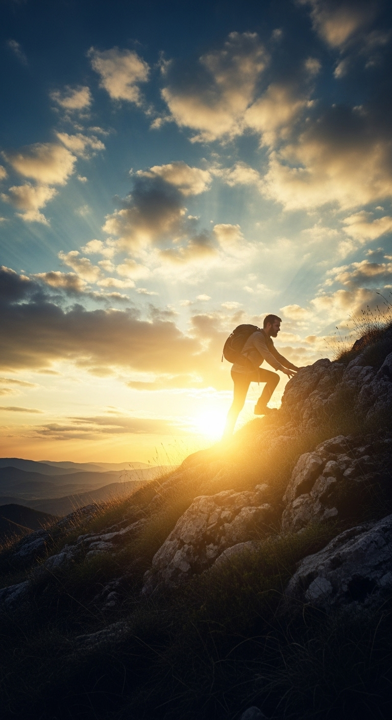 A man climbing a rocky hill alone, almost at the top, with the sun behind him breaking through cl...
